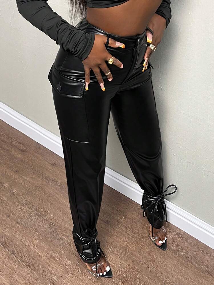 Flap Pocket Side Knot Hem PU Leather Pants