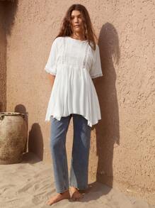 SHEIN VCAY Guipure Lace Insert Smock Top - White - View 6
