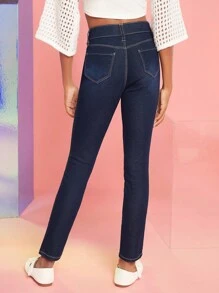 青少年女孩彈性腰牛仔褲 - 深色水洗藍 - 查看 2