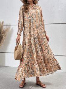 SHEIN VCAY Floral Print Flounce Sleeve Ruffle Hem Smock Dress - Multicolor - View 1