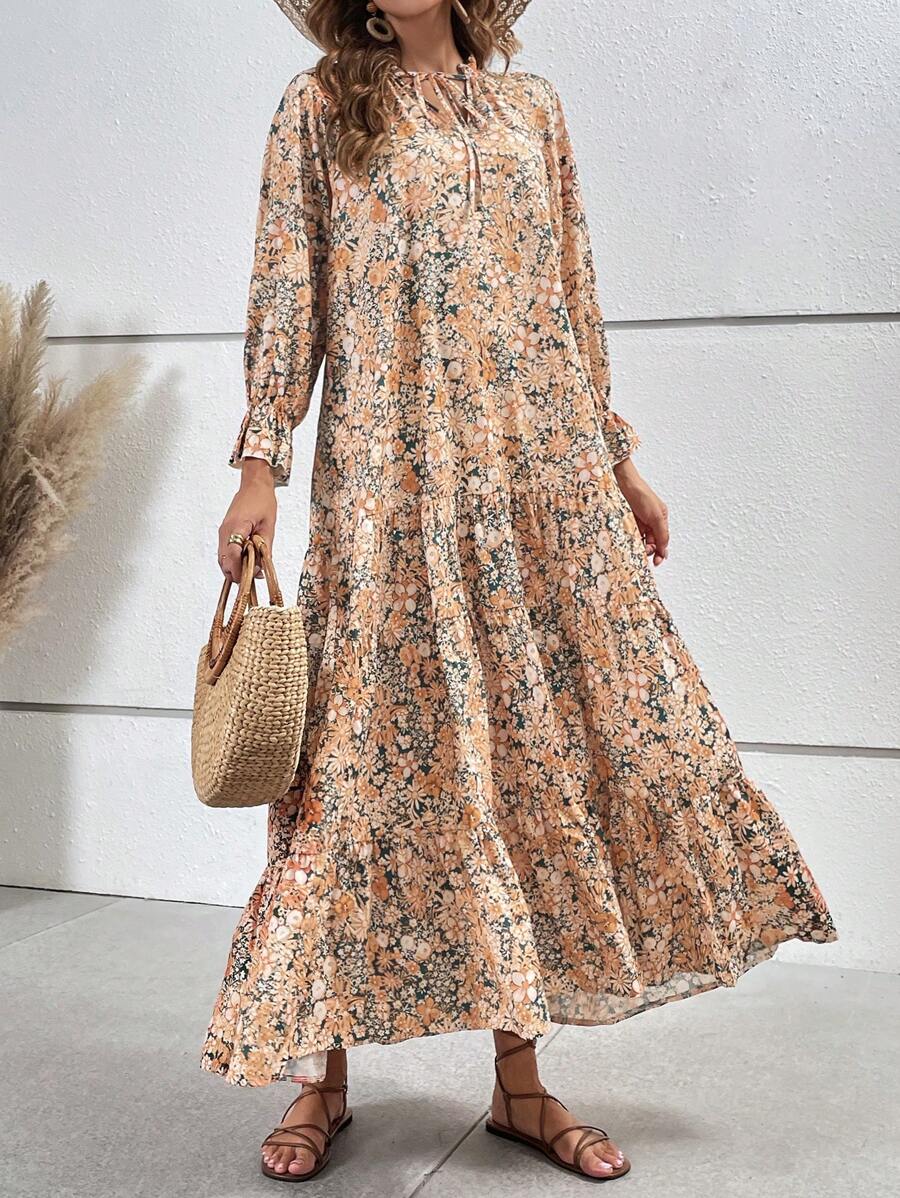 SHEIN VCAY Floral Print Flounce Sleeve Ruffle Hem Smock Dress - Multicolor - View 1