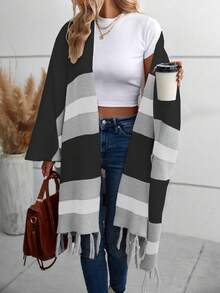 EMERY ROSE 拼色流苏下摆蝙蝠袖开衫 - 彩色 - 查看 5