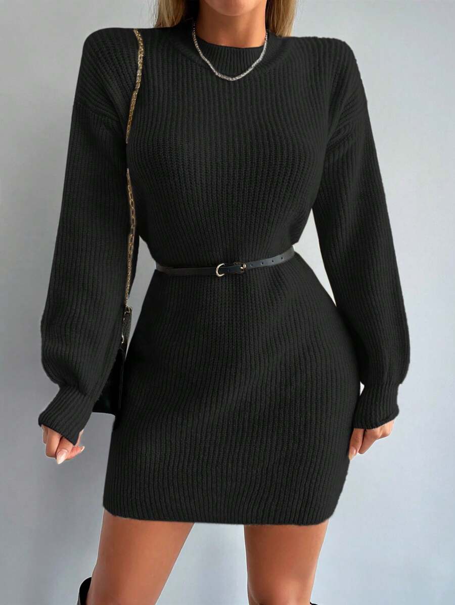 EURMUSE Solid Drop Shoulder Sweater Dress Without Belt - Black - View 1