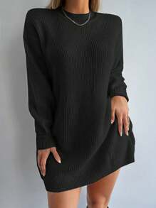 EURMUSE Solid Drop Shoulder Sweater Dress Without Belt - Black - View 3