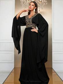 YISIKADO 亮片拼接開衩袖土耳其長袍 - 黑色 - 查看 6