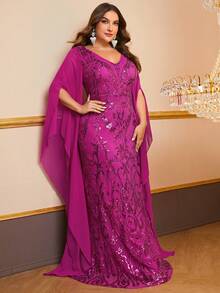 YISIKADO 大碼亮片拼接斗篷袖舞會洋裝 - 玫紅色 - 查看 6