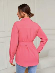 SHEIN Clasi Solid Button Front Belted Shirt - Pink - View 2