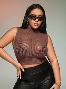 SHEIN ICON Plus Mock Neck Crop Knit Top Without Bra - Brown - View 1