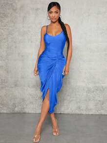 SHEIN SXY Solid Ruched Front Cami Dress - Royal Blue - View 1