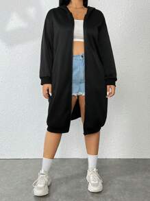 Flirla Plus Size Zip Up Drop Shoulder Sweatshirt - Black - View 6