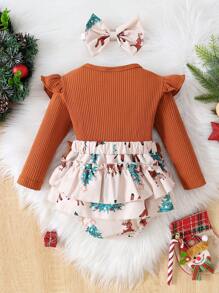 Baby Girl Christmas Print Ruffle Trim Bow Front 2 In 1 Bodysuit & Headband - Yellow - View 2