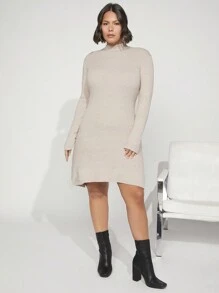 SHEIN BASICS Plus Mock Neck Ribbed Knit Sweater Dress In Fall/Winter - Apricot - View 3