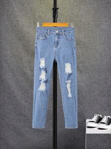 SHEIN 青少年男孩劃破毛邊牛仔褲 - 淺色水洗藍 - 查看 6