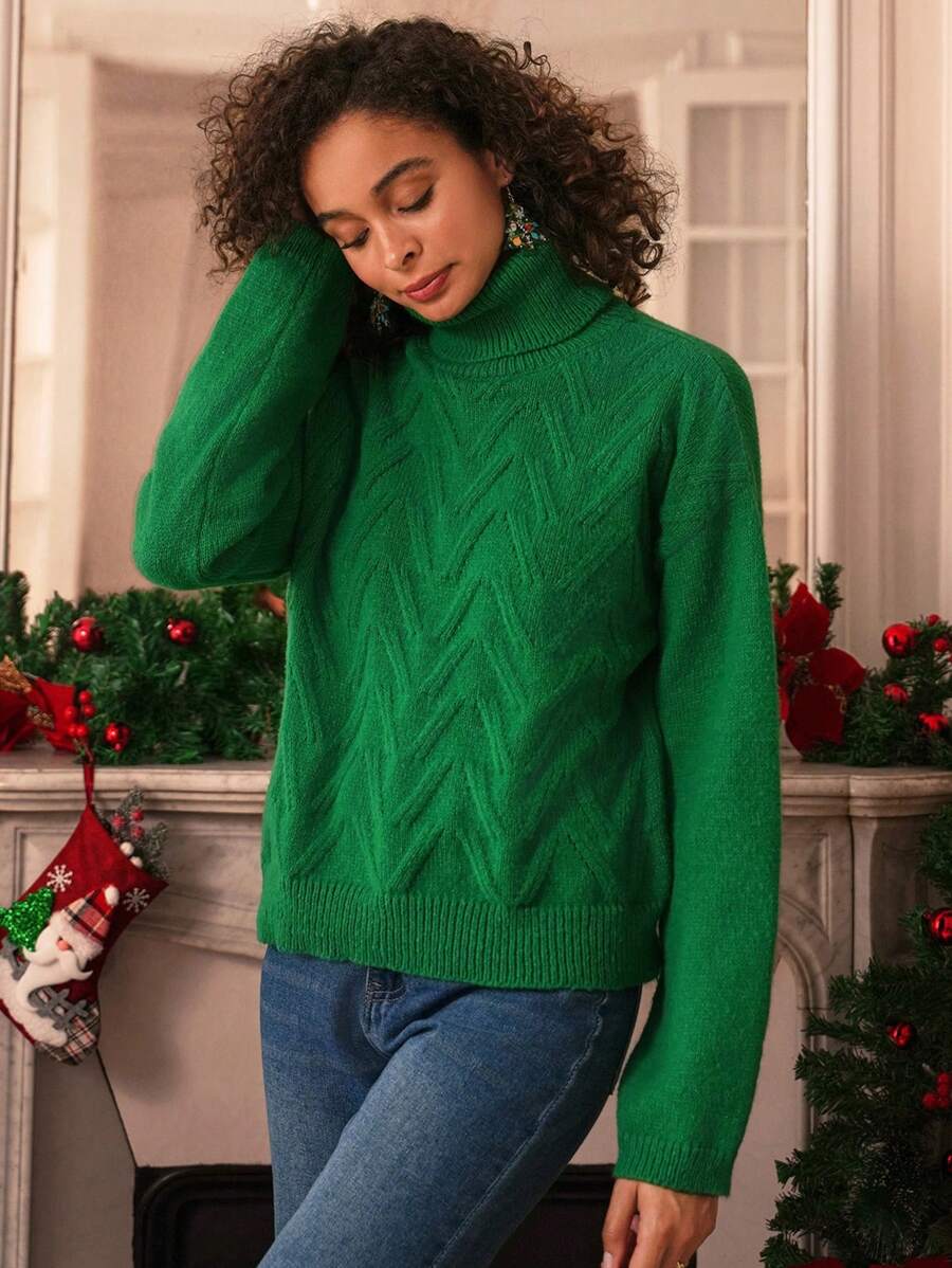 SHEIN Frenchy 素色高領套頭毛衣 - 綠色 - 查看 1
