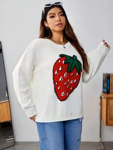 SHEIN EZwear 大碼草莓圖案落肩袖套頭毛衣 - 白色 - 查看 4