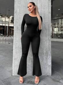 SHEIN SXY Mono liso con pierna acampanada y espalda descubierta - Negro - Ver 3