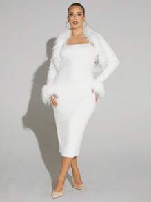 SHEIN X GiudiceGirls Plus Fuzzy Trim Cami Bodycon Dress & Open Front Jacket - White - View 1