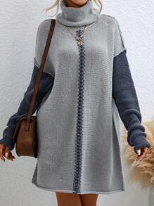 Chiquease 拼色高領落肩毛衣洋裝 - 灰色 - 查看 5