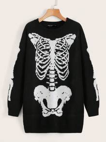 SHEIN EZwear Plus Skeleton Pattern Drop Shoulder Sweater - Black and White - View 1