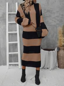 EMERY ROSE 雙色落肩袖毛衣和針織裙 - 卡其色 - 查看 3