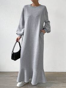 Chiquease 斜口袋落肩荷叶边下摆保暖衬里长款连衣裙女装 - 淺灰色 - 查看 6