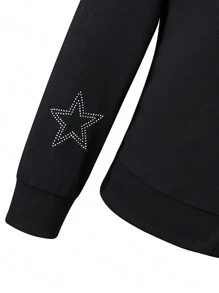 SHEIN Tween Girl Rhinestone Letter Pattern Zip Up Hooded Sweatshirt & Sweatpants - Black - View 5