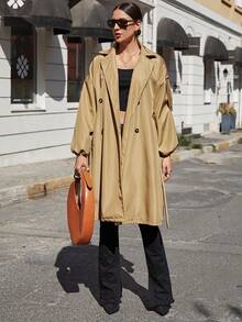 SHEIN Đôi ngực Thắt lưng Áo khoác Trench - Màu Khaki - Xem 4