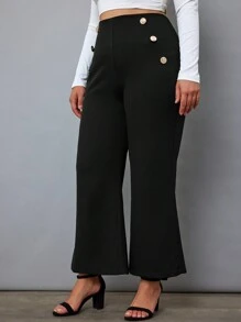 RueChic Plus Button Detail Flare Leg Pants - Black - View 1