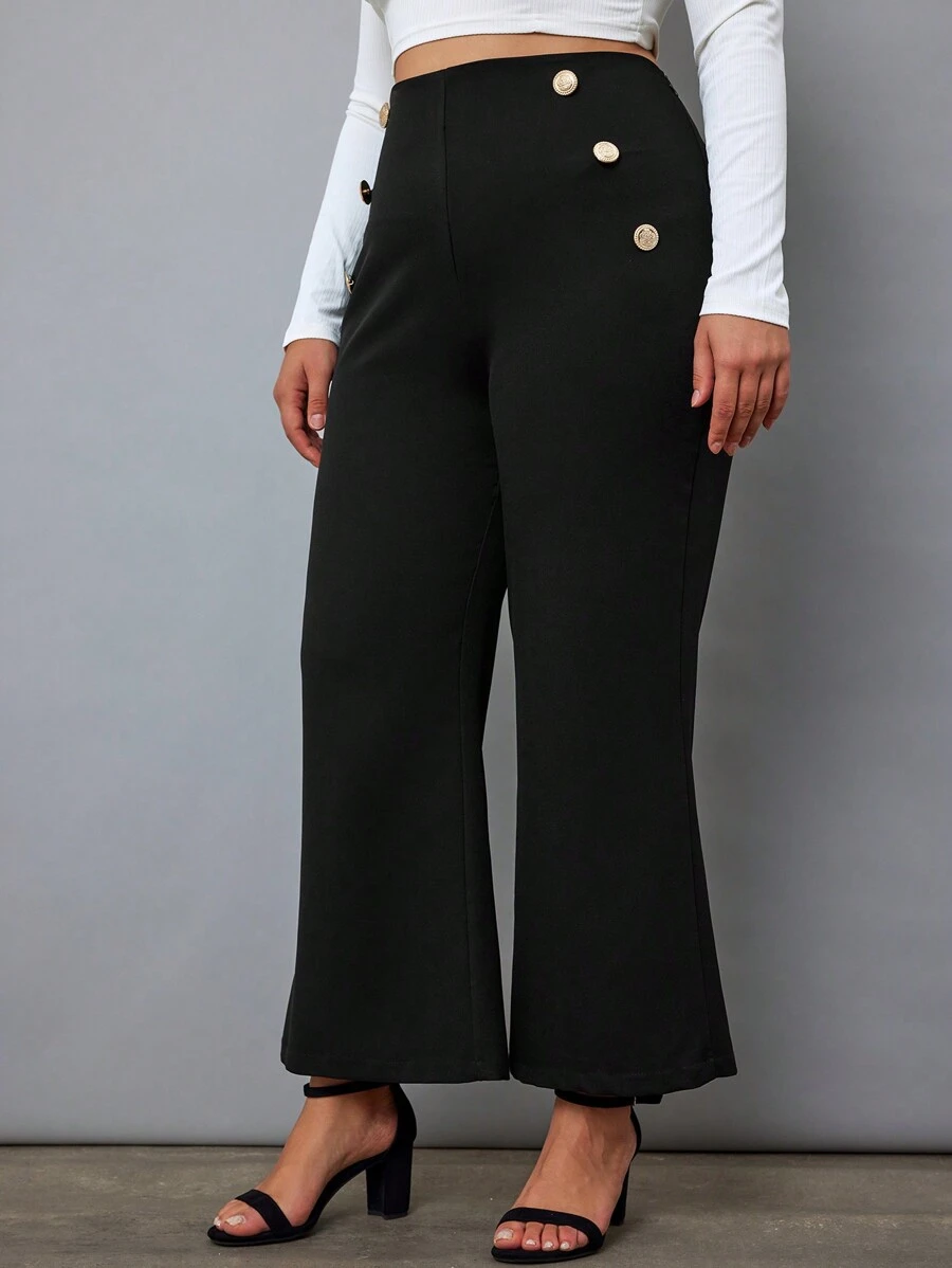 RueChic Plus Button Detail Flare Leg Pants - Black - View 1