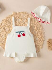 Baby Girl Cherry Pattern Ruffle Trim Sweater Bodysuit & Hat - White - View 1