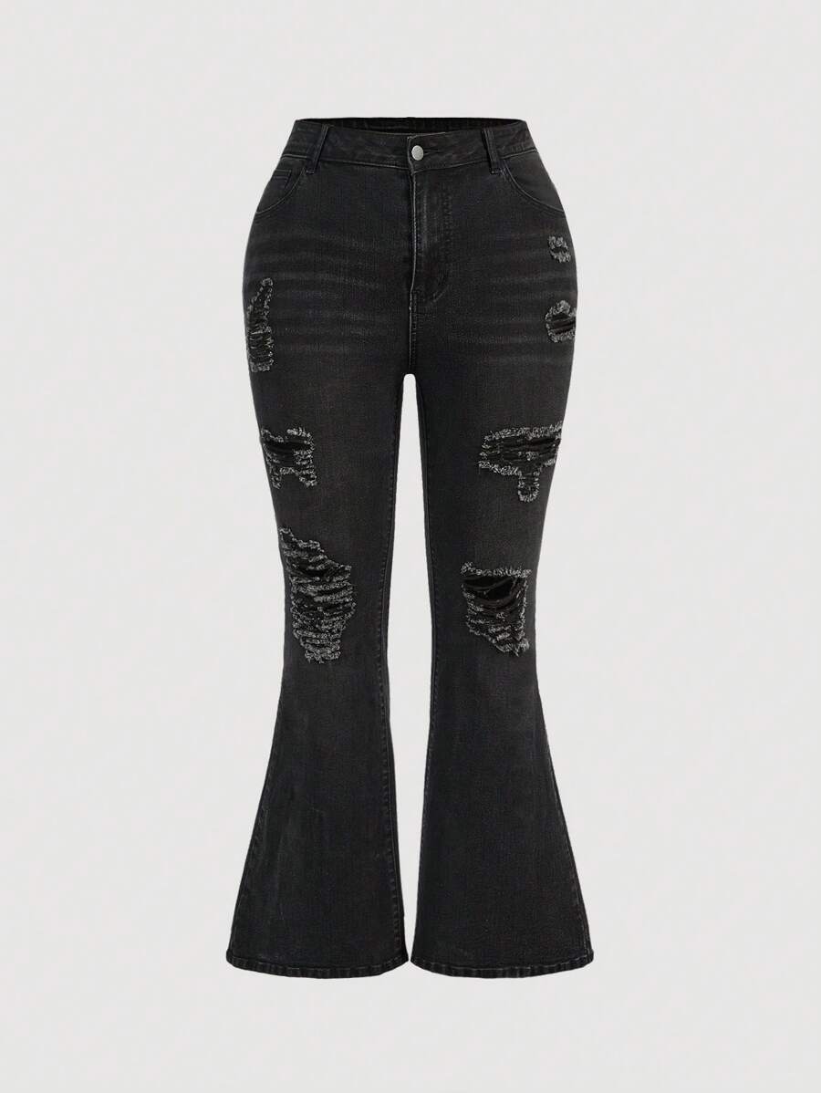 SHEIN MOD Plus Ripped Flare Leg Jeans - Black - View 1