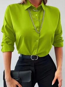 EURMUSE Solid Button Front Drop Shoulder Shirt - Mustard Yellow - View 7