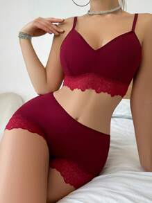 對比花邊文胸和短褲內衣套裝 - 酒紅色 - 查看 4