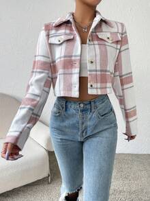 SHEIN Essnce Plaid Print Flap Detail Crop Overcoat - Watermelon Pink - View 3