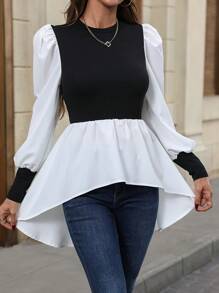 Chiquease 兩色燈籠袖荷葉邊上衣 - 黑與白 - 查看 5