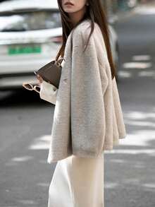 Solid Drop Shoulder Open Front Fuzzy Coat - Grey - View 4