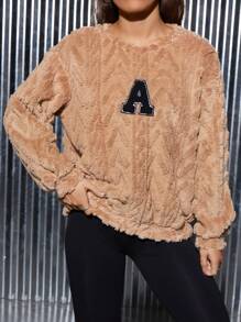 SHEIN EZwear Letter Patched Drop Shoulder Sweatshirt - Brown - View 3