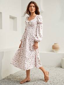 SHEIN VCAY In hoa Ditsy Cổ Trái tim Tay áo lồng đèn Đầm - trắng - Xem 5