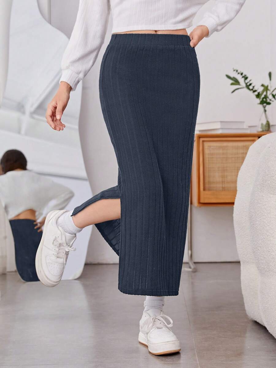 SHEIN Chica adolescente Falda bajo con abertura tejido de canalé - Gris Oscuro - Ver 1