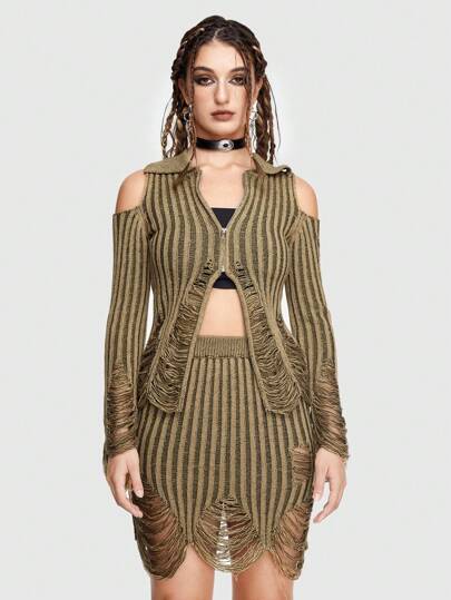 Grunge Punk Striped Pattern Cold Shoulder Distressed Cardigan