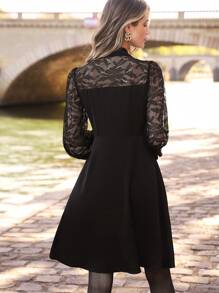 SHEIN Frenchy Tie Neck Lace Lantern Sleeve Button Front Dress - Black - View 6