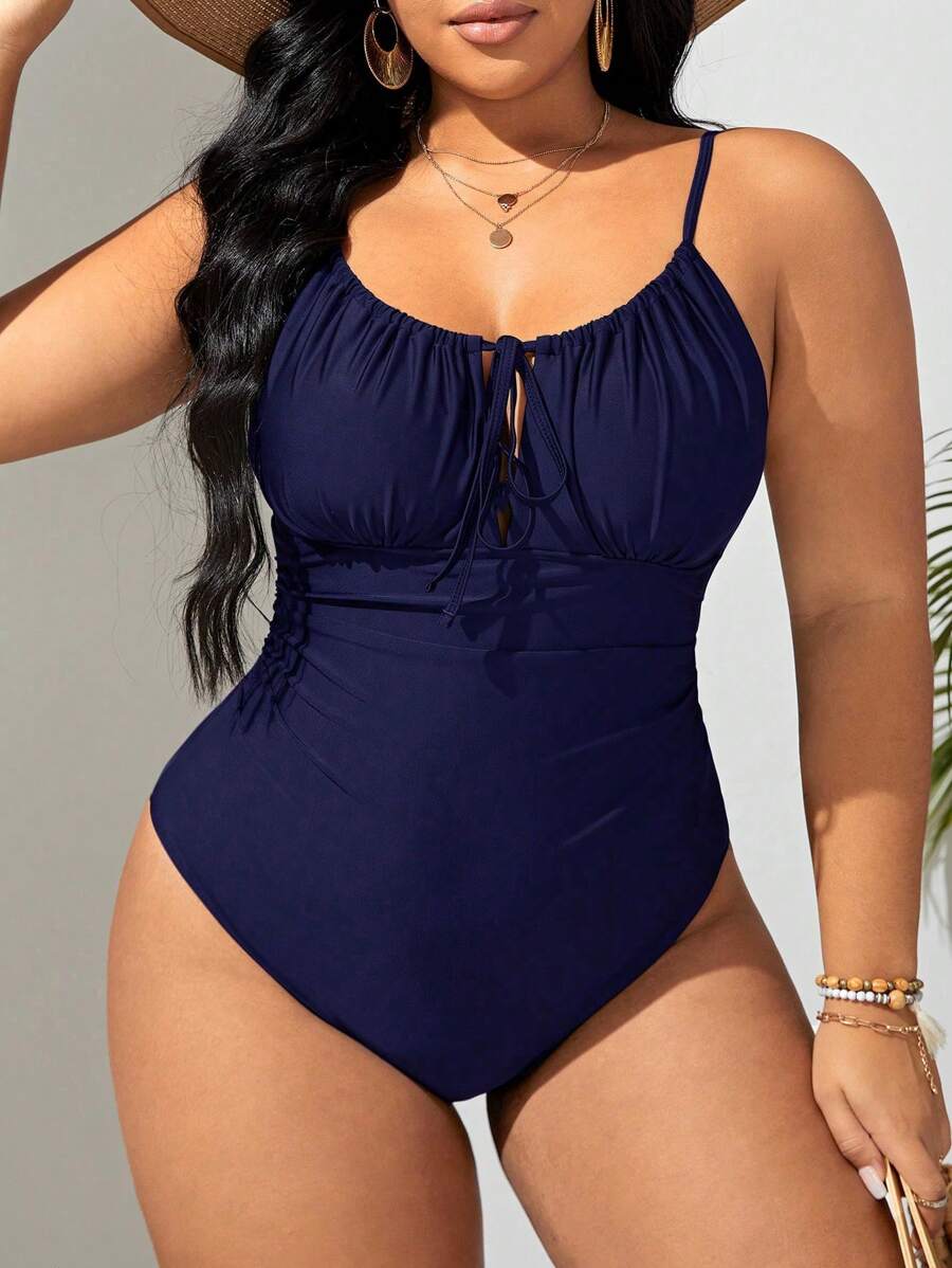 SHEIN Swim Curve Summer Beach Plus Ruched Bust Tie Front One Piece Swimsuit - Navy Blue - View 1