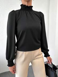 RueChic Blouse À Plis À Col Montant Manches Bouffantes