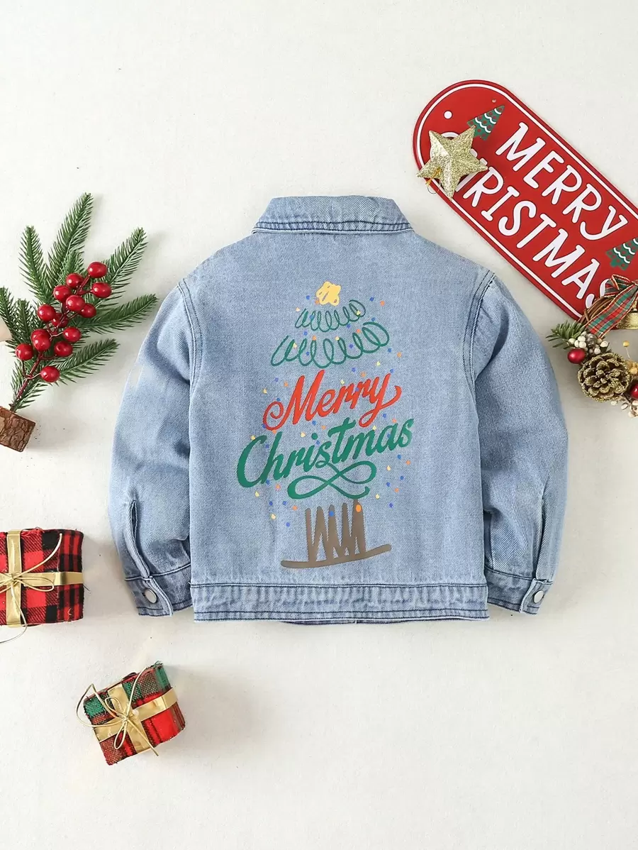Young Boy Christmas Print Button Front Denim Jacket - Light Wash - View 1