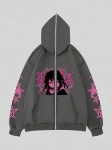 ROMWE MEN Anime Guys Figure & Letter Graphic Zip Up Hoodie - Grey - View 1