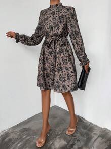 EURMUSE Women's Floral Print Mandarin Collar Long Sleeve Casual Fashion Dress - Multicolor - View 4