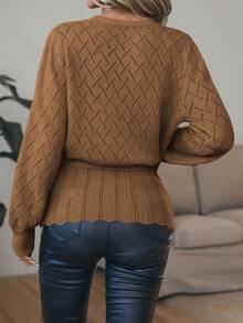 SHEIN Clasi Surplice Neck Belted Pointelle Knit Cardigan - Khaki - View 2