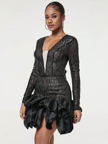Elegant Mesh Ruffle Hem Sequin Cocktail Bodycon Dress - Black - View 6