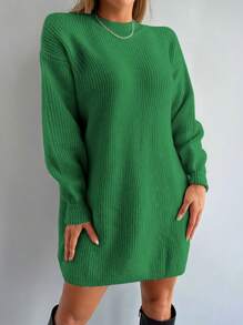 EURMUSE Drop Shoulder Ribbed Knit Sweater Dress Without Belt - Dark Green - View 4