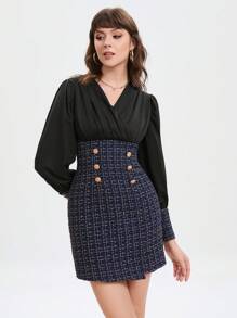 Aveloria Plaid Pattern Button Detail Bishop Sleeve Dress - Multicolor - View 5